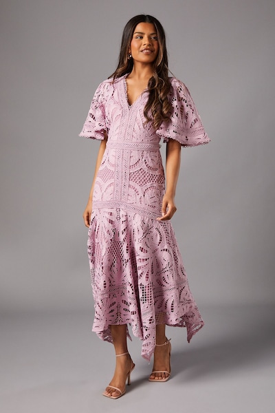 Coast Petite Placement Lace Hanky Hem Dress Lilac