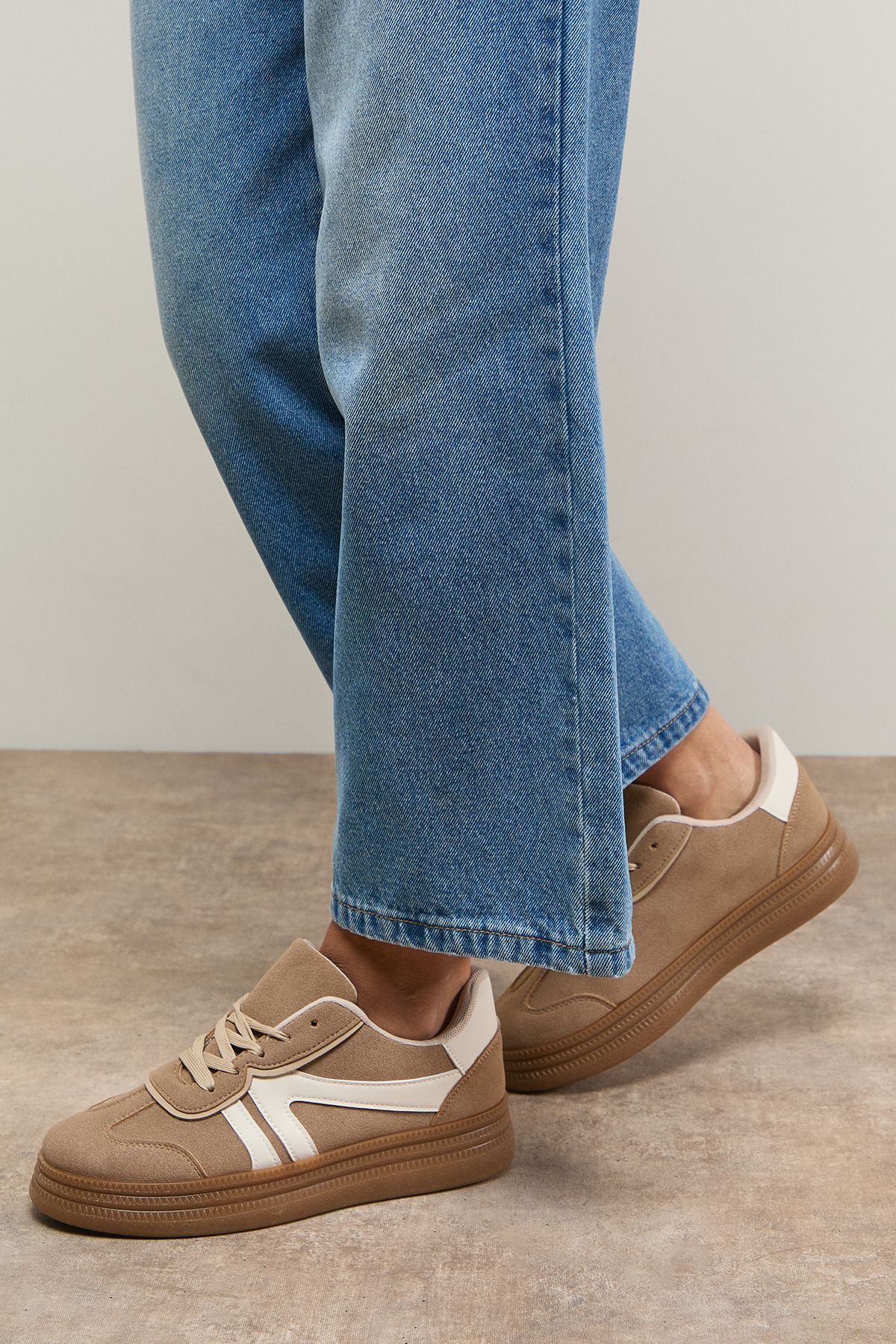 Oasis Faux Suede Lace Up Platform Trainners Beige image 1