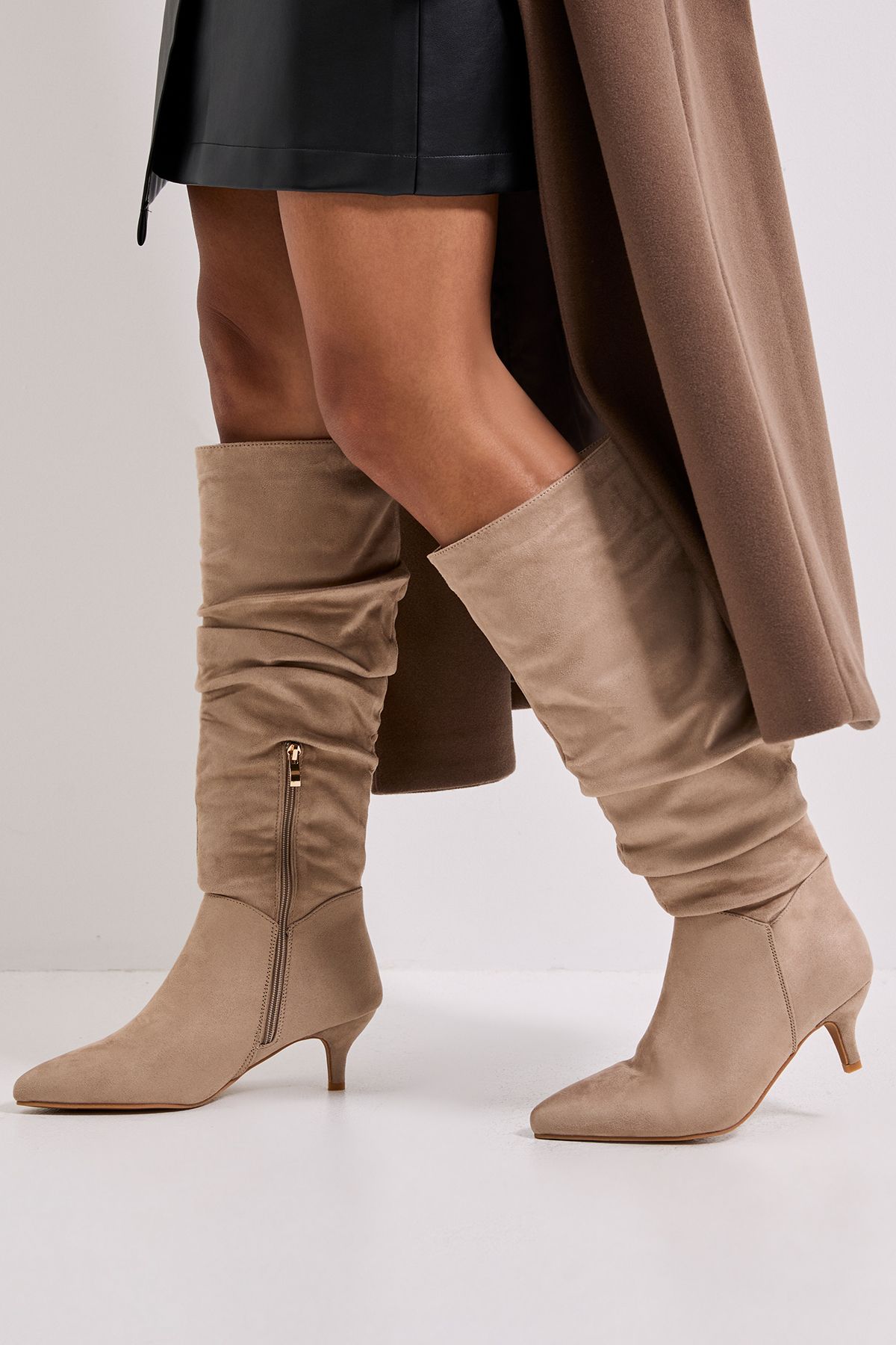 Dorothy Perkins Khloe Faux Suede Kitten Heel Knee High Ruched Boots Beige image 2