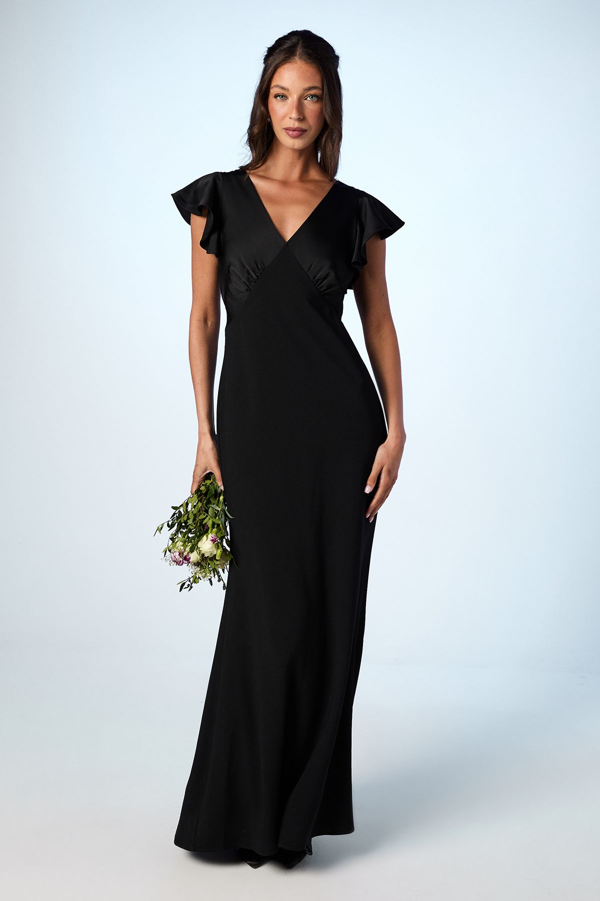 Coast Coast Honoured V Neck Angel Short Sleeve Satin Maxi Bridesmaid Dress Black image 1