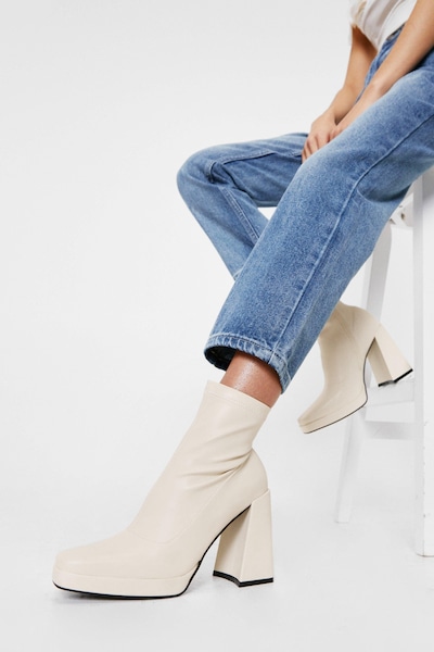 NastyGal Faux Leather Square Toe High Ankle Boots Cream