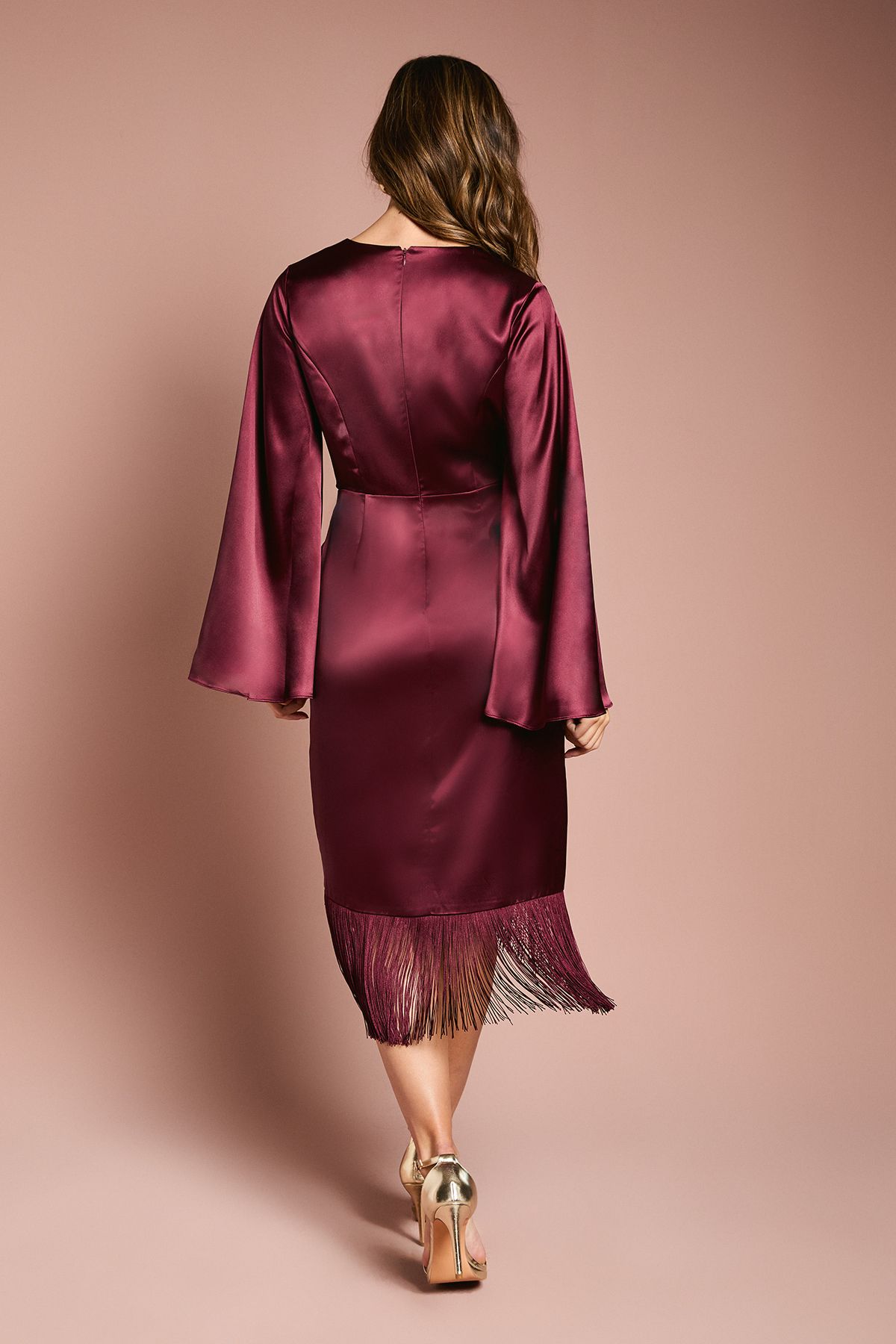 Coast Satin Fringe Hem Wrap Waist Midi Dress Burgundy image 5