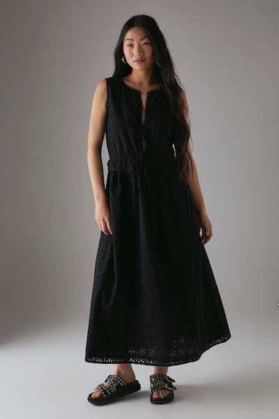 Warehouse Petite Broderie Drawstring Detail Sleeveless Midi Sundress Black