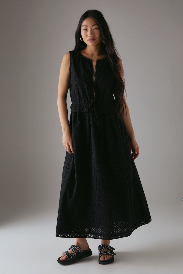 Warehouse Petite Broderie Drawstring Detail Sleeveless Midi Sundress Black