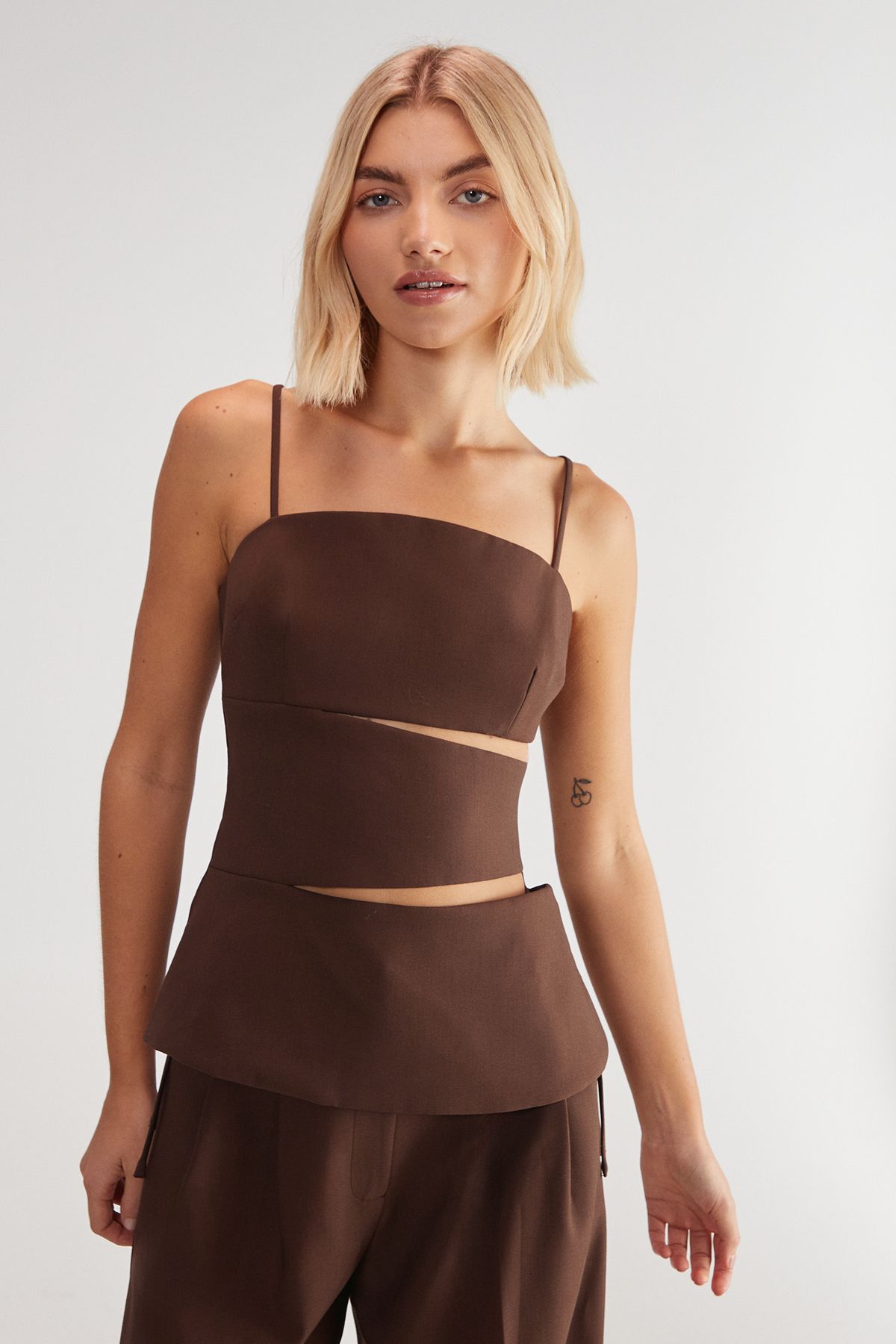 NastyGal Premium Tailored Cut Out Longline Top Choc Brown image 3