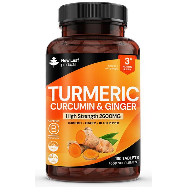 New leaf health Turmeric Tablets 2600mg with Black Pepper & Ginger - 95% Curcumin Extract - 180 Turmeric and Black Pepper Tablets (3 Months)