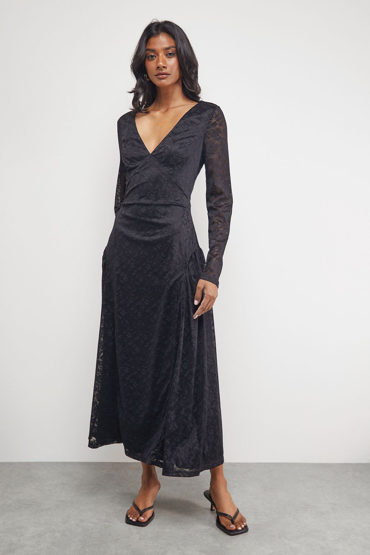 Warehouse Lace V Neck Godet Detail Midi Dress Black