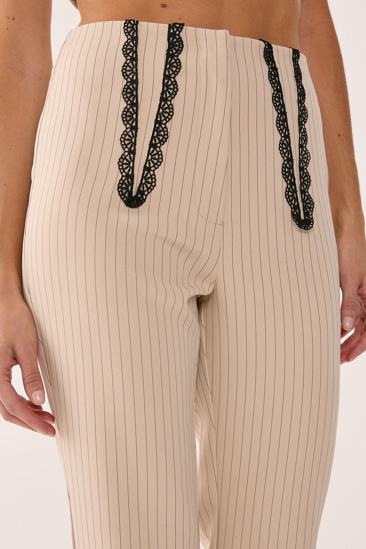 NastyGal Pinstripe Lace Trim Tailored Flared Pants Ecru image 4