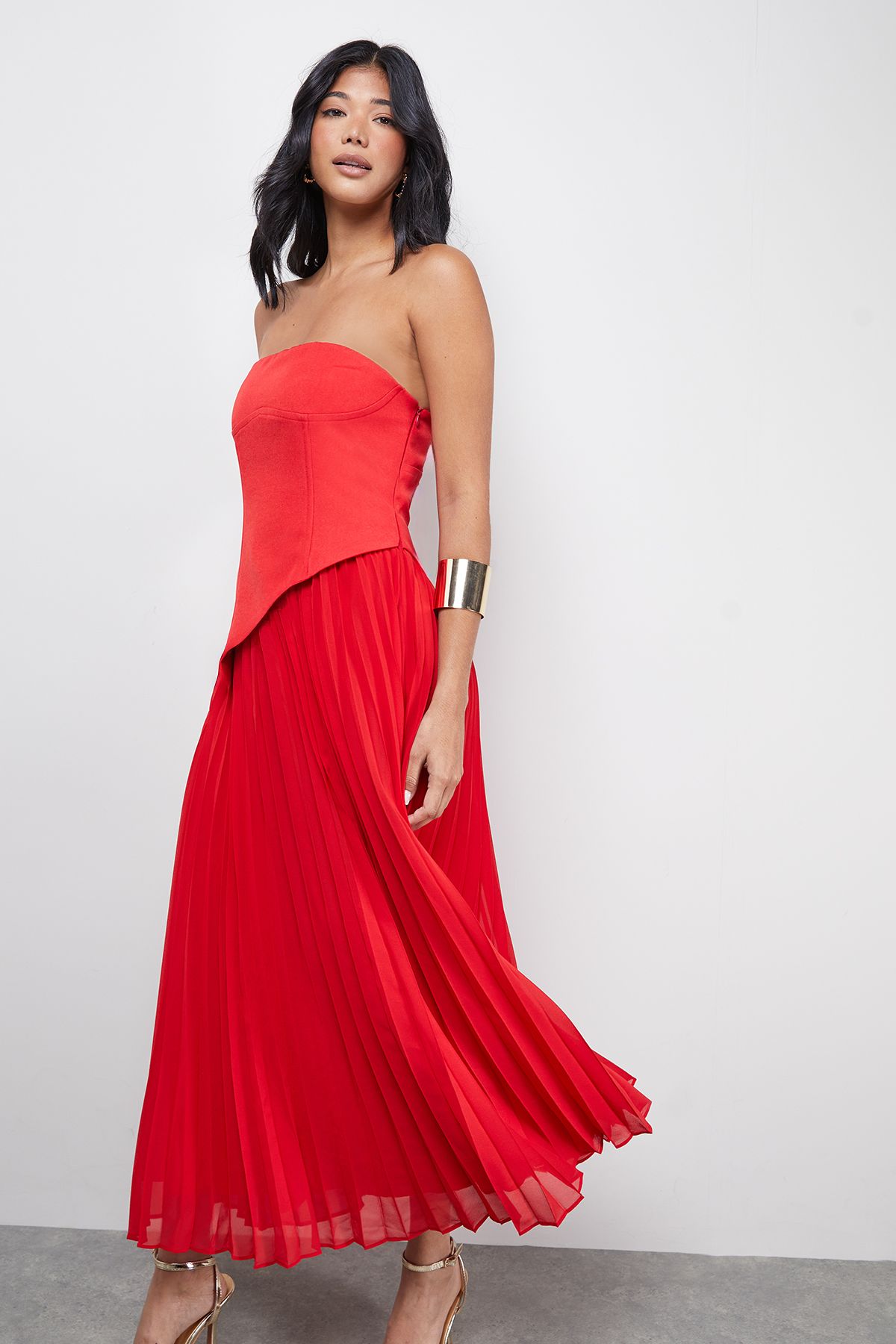 Warehouse Bandeau Bodice Pleated Chiffon Midi Dress Red image 2