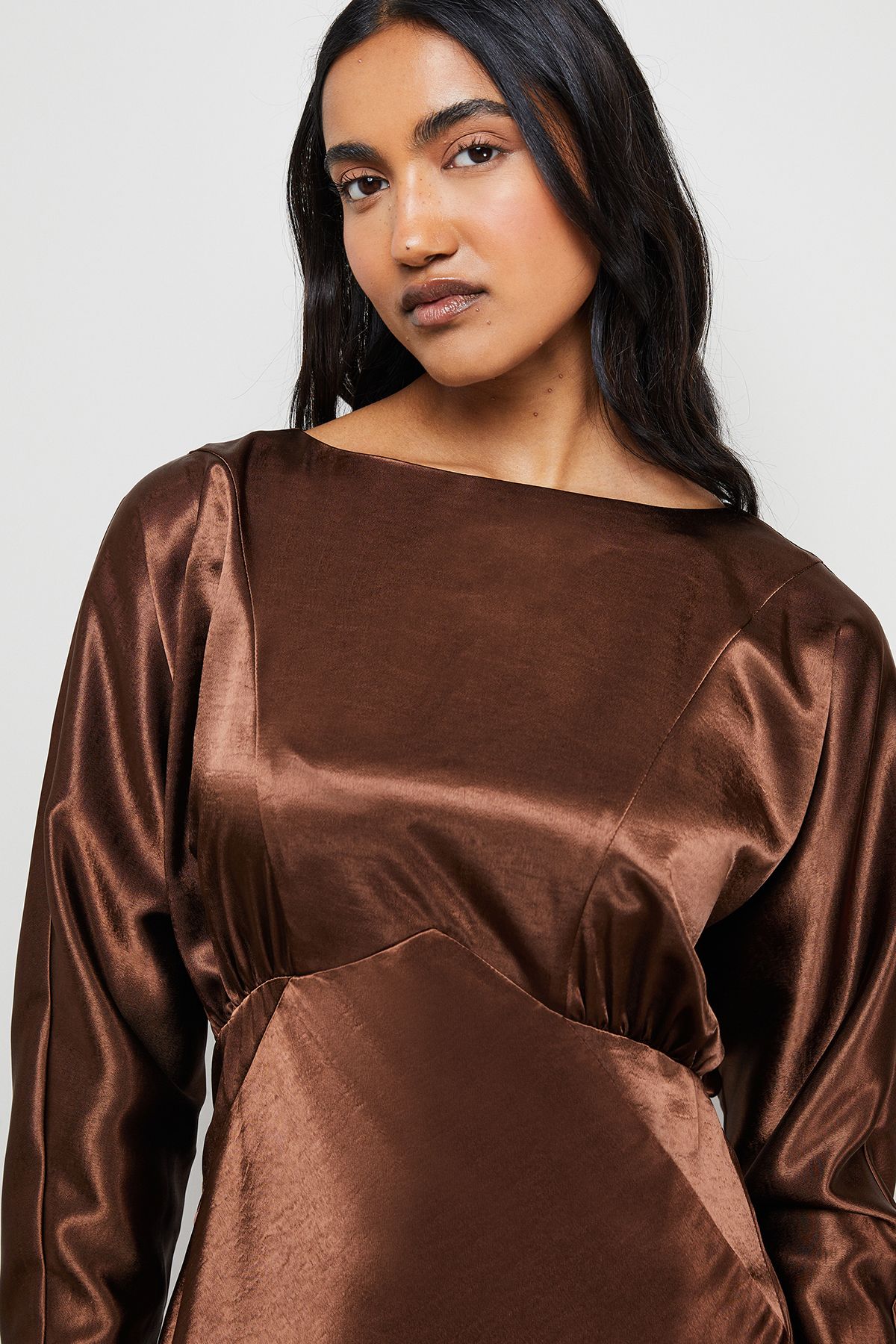 Warehouse Satin Batwing Draped Midaxi Chocolate image 4
