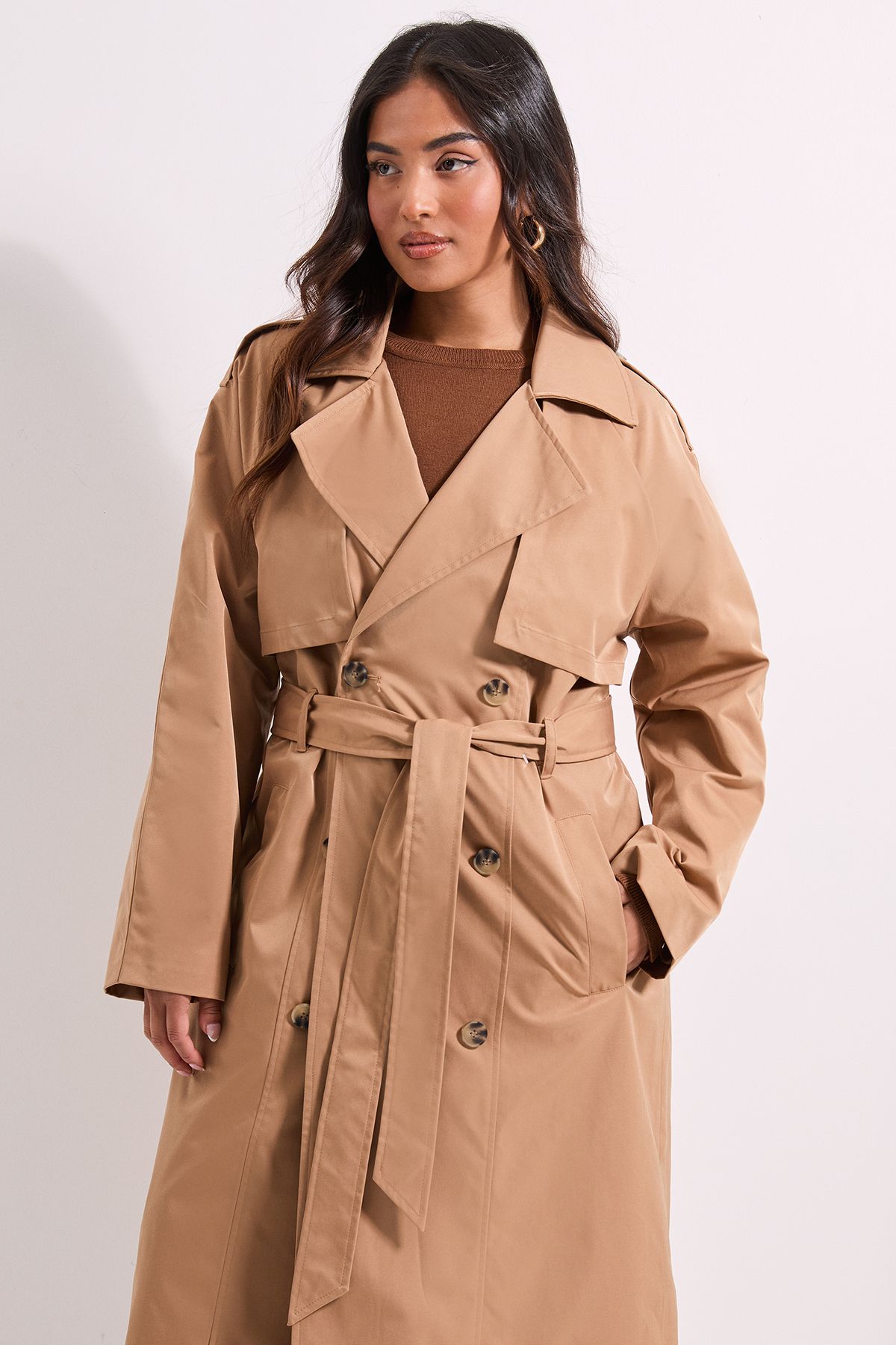 Dorothy Perkins Petite Longline Double Breasted Belted Trench Coat Camel image 2