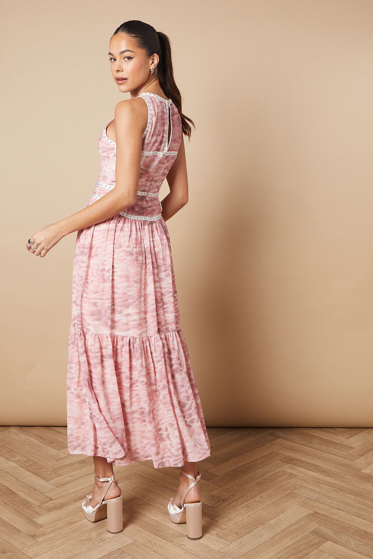 Oasis Printed Stud Embellished Trim Maxi Dress Multi image 3