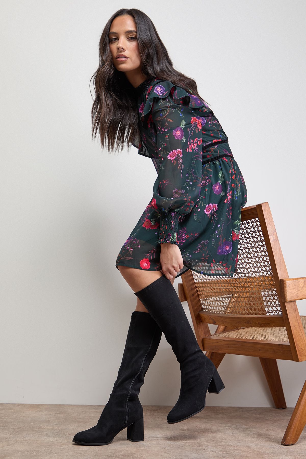 Oasis Rylee Faux Suede High Block Heel Sock Knee Boots Natural Black image 2