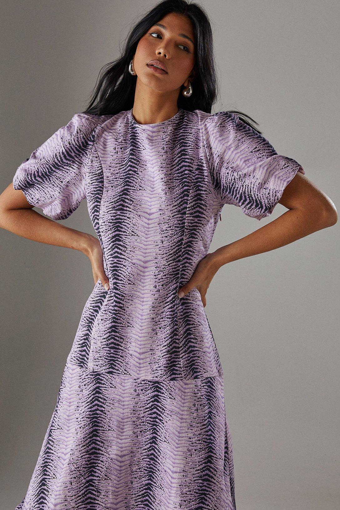 Warehouse Animal Twill Puff Sleeve Ruffle Hem Midi Dress Ice Lilac image 2