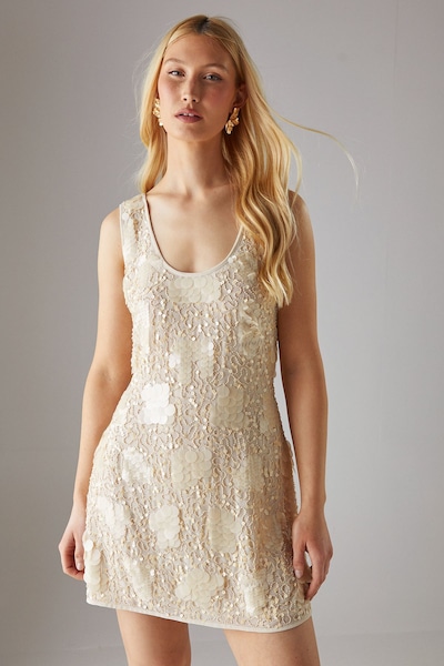 Warehouse Hand Embellished Pearlescent Sequin Scoop Neck Mini Dress Champagne