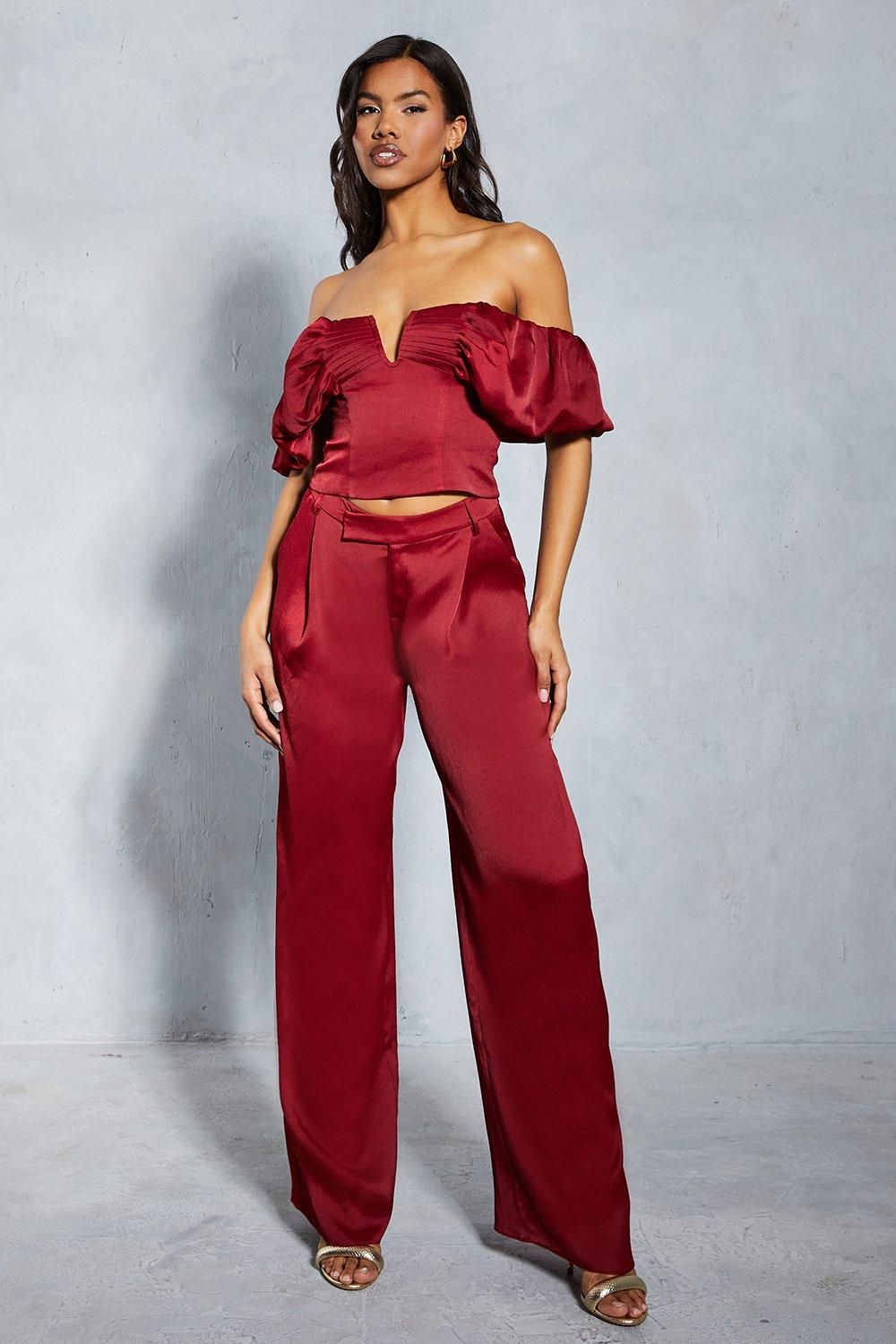 MissPap Textured Satin Pleated Bust Frill Bardot Top Berry image 2