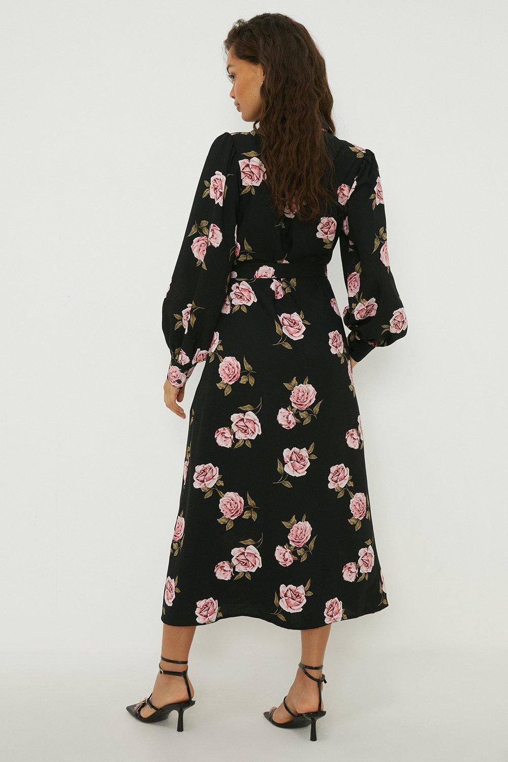 Dorothy Perkins Petite Floral Tie Waist Midi Shirt Dress Floral image 3