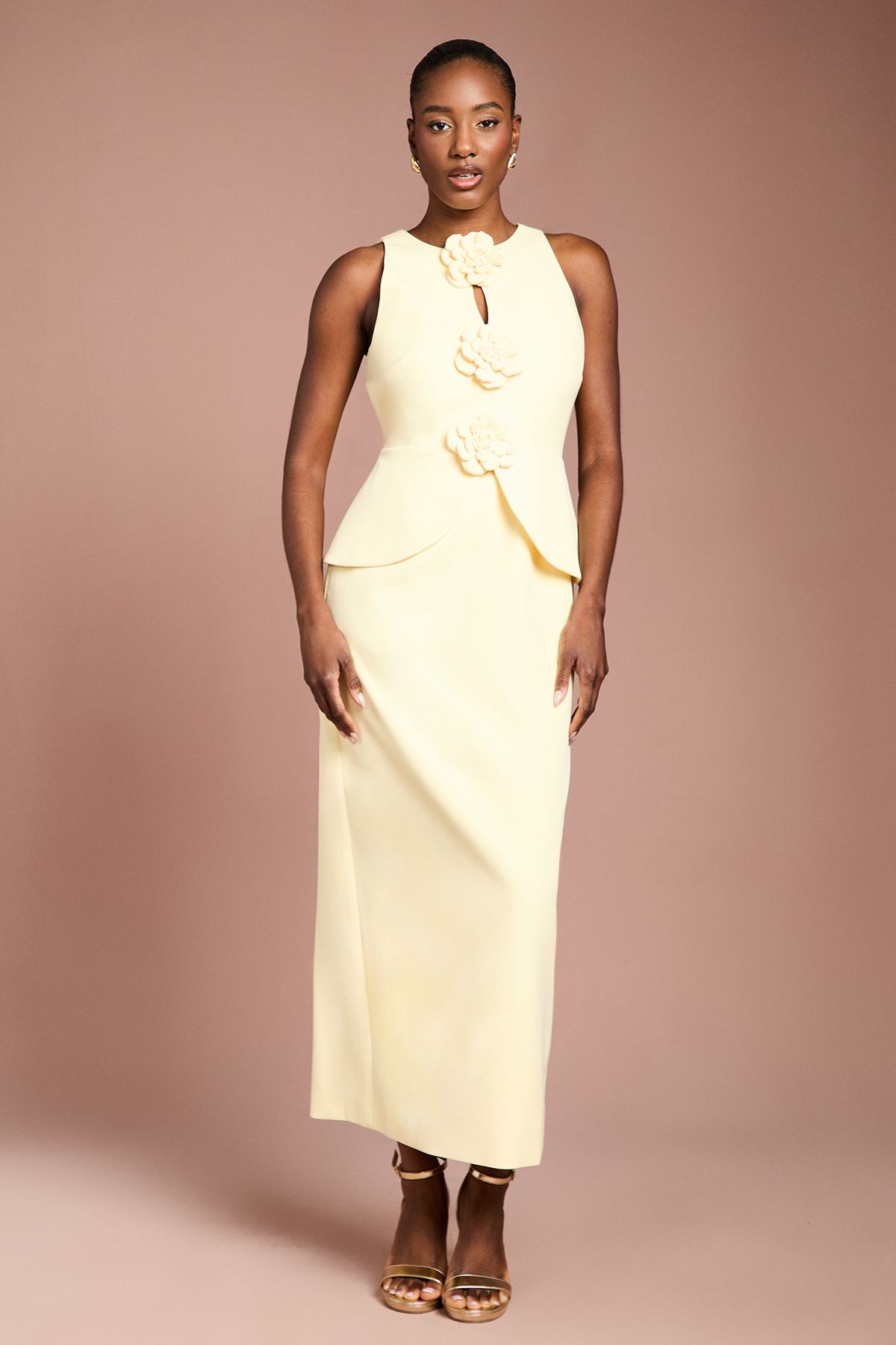 Coast Lisa Tan Crepe Rosette Detail Peplum Pencil Dress Lemon