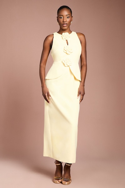 Coast Lisa Tan Crepe Rosette Detail Peplum Pencil Dress Lemon