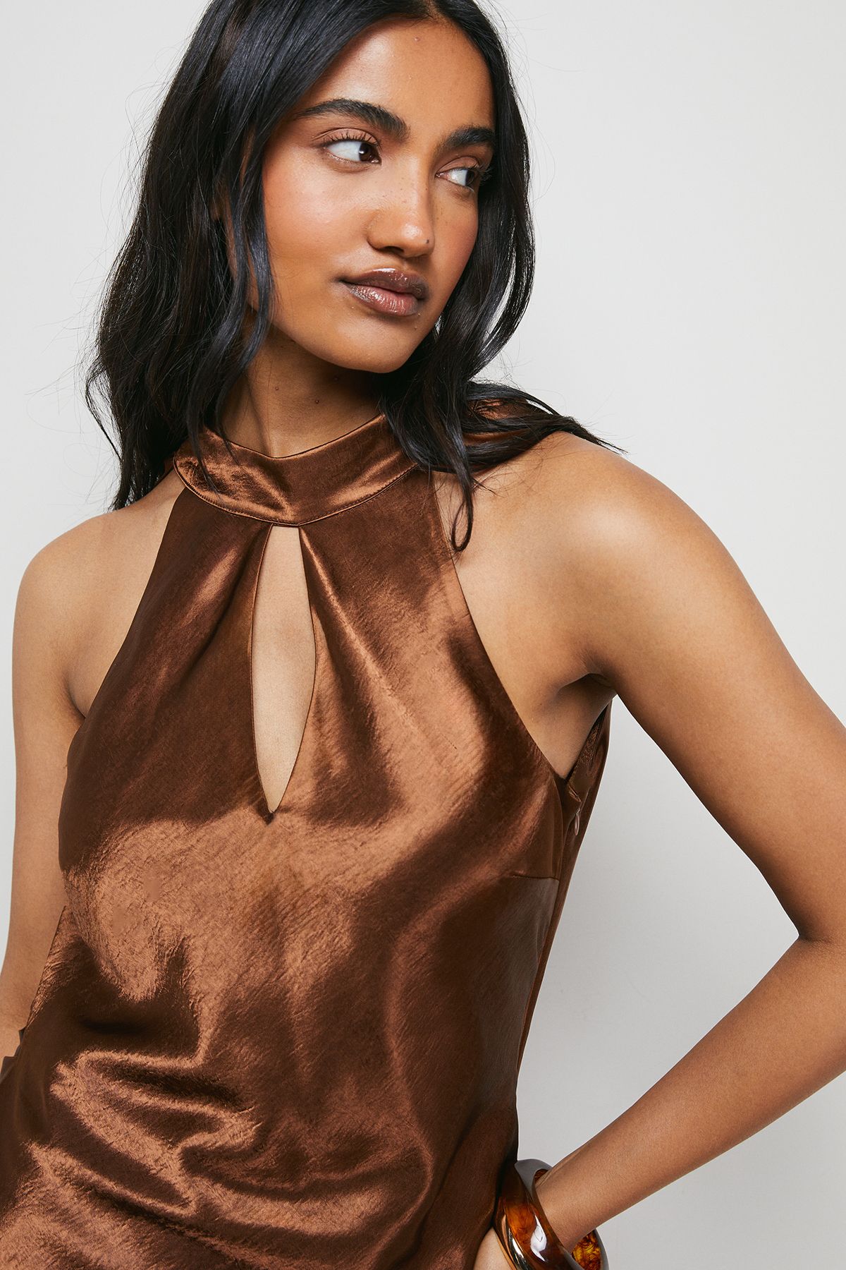 Warehouse Satin Tie Neck Cowl Front Maxi Dress Chocolate image 2