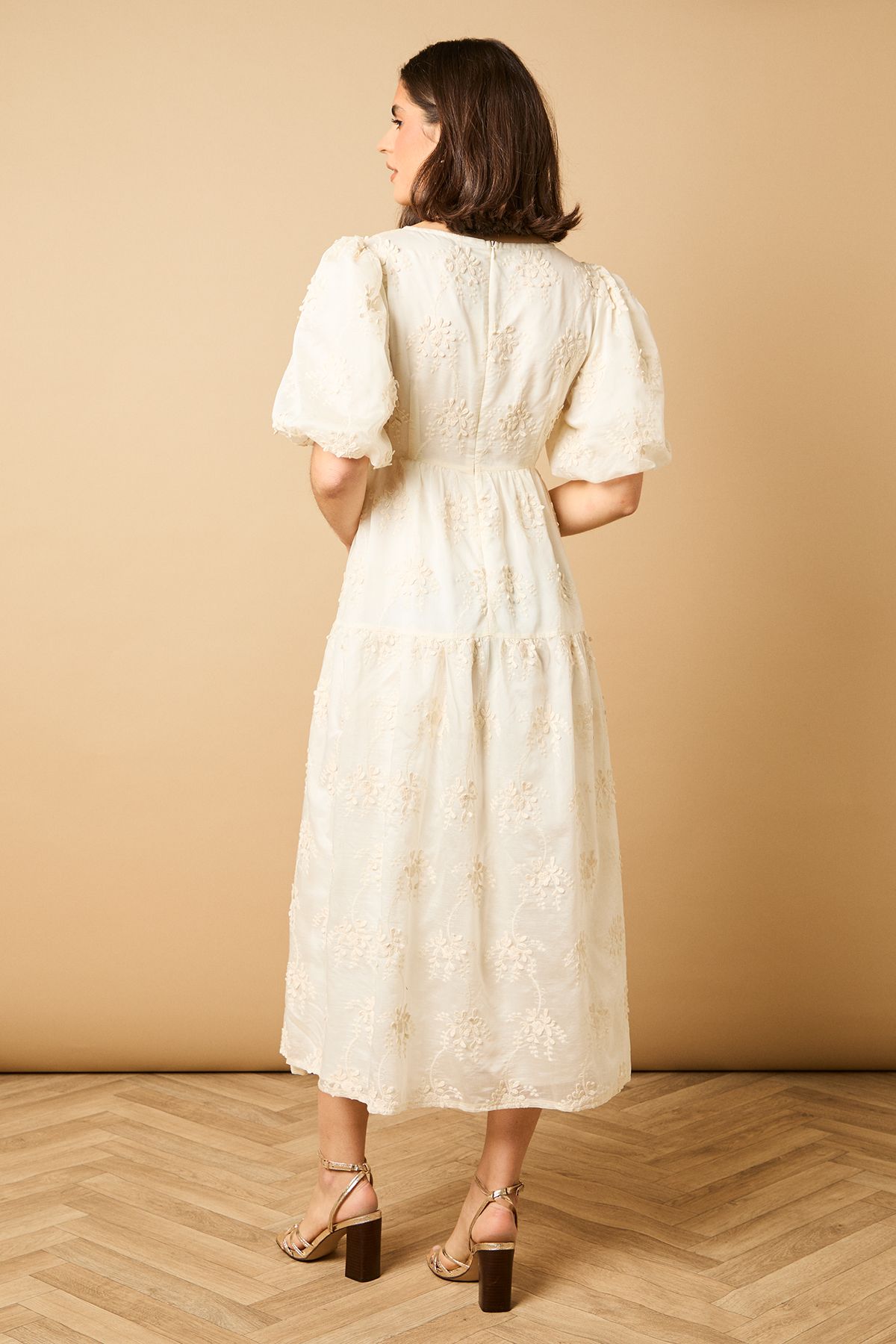 Oasis Floral Embroidered Puff Sleeve Midi Dress Ivory image 3
