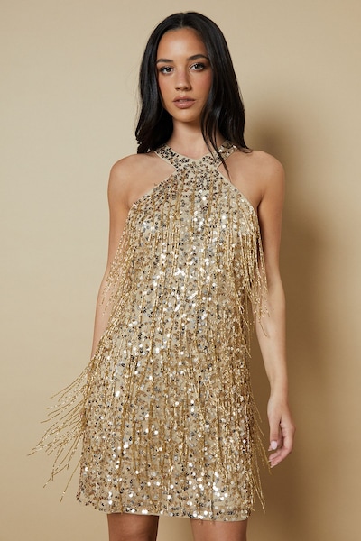 Oasis Fringe Embellished Halter Neck Mini Dress Gold