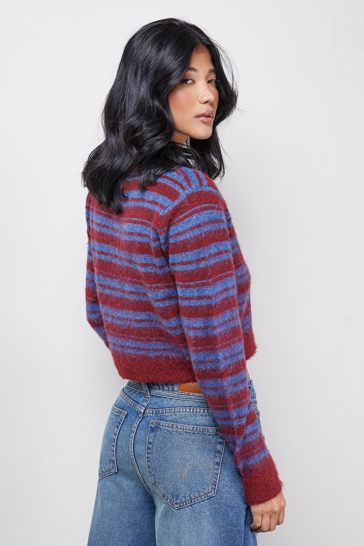 Warehouse Fluffy Striped Cardigan Blue image 3