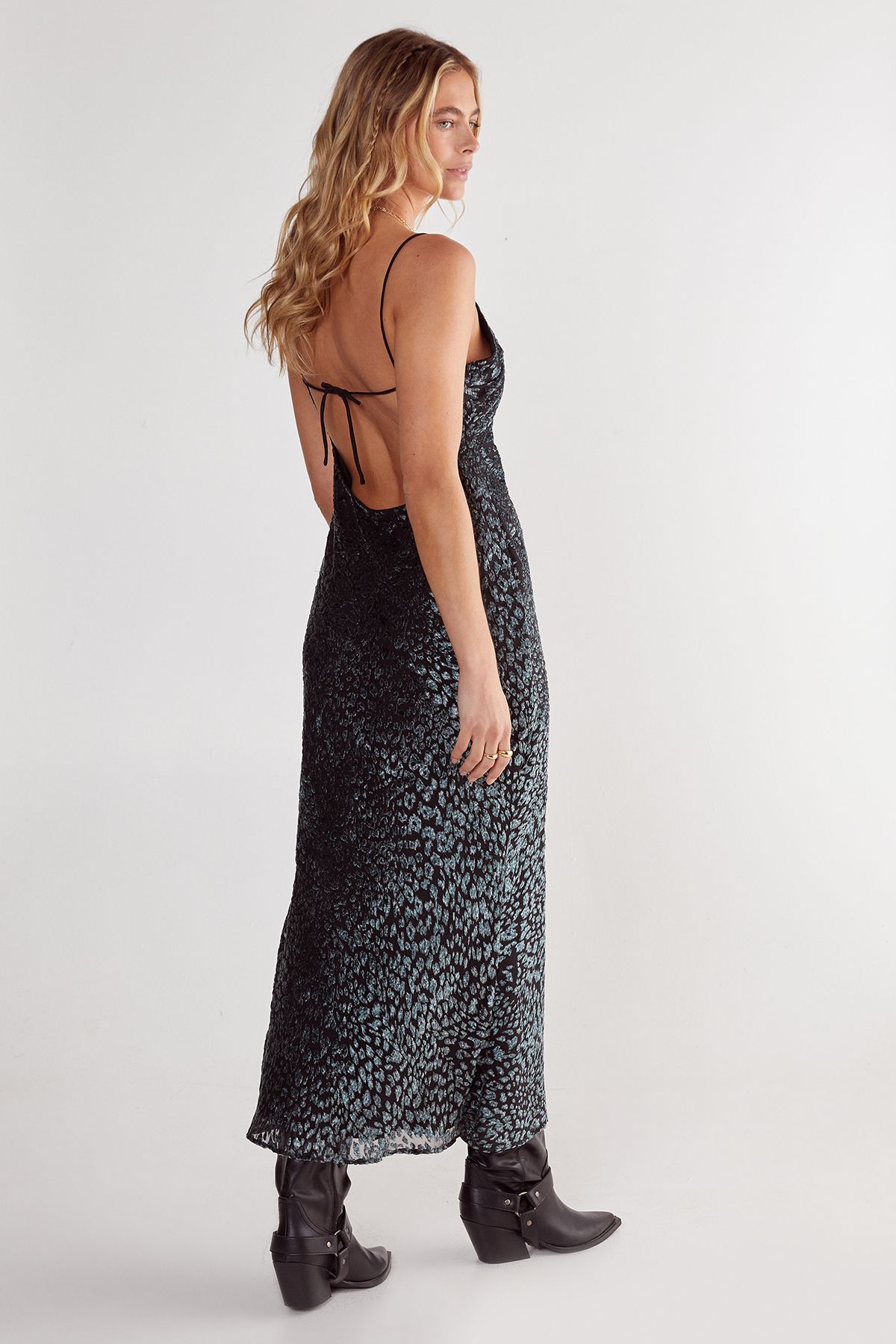 NastyGal Animal Devore Tie Back Split Leg Maxi Slip Dress Blue image 4