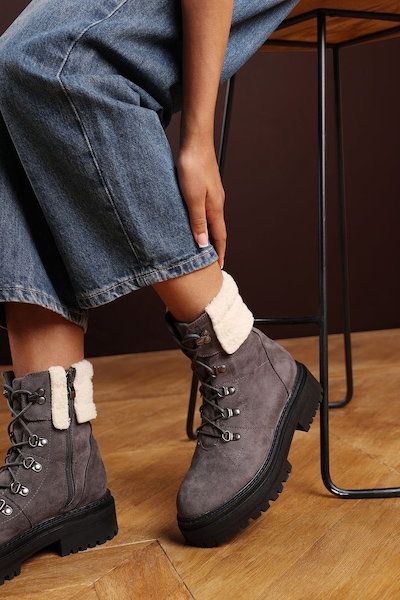 Where's That From 'Alia' Suede Lace-Up Ankle Boots with Faux Fur Lining and Chunky Sole