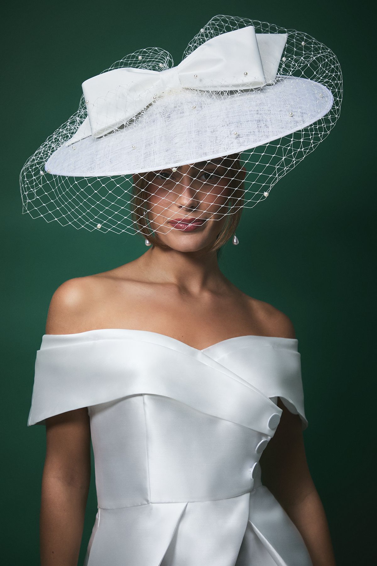 Coast Lisa Tan Bridal Bow Detail Wide Brim Fascinator with Pearl Veil Ivory image 2