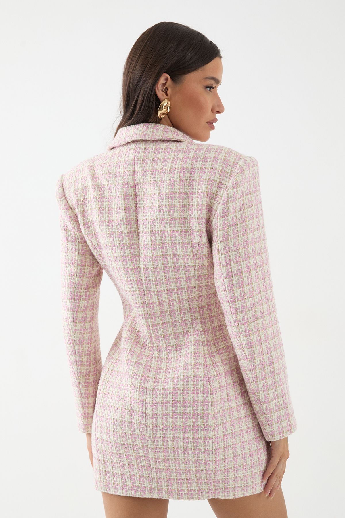 MissPap Premium Boucle Cinched Waist Blazer Mini Dress Pink image 3