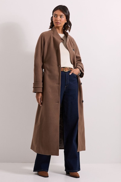 Dorothy Perkins Classic Midi Funnel Neck Coat Oatmeal