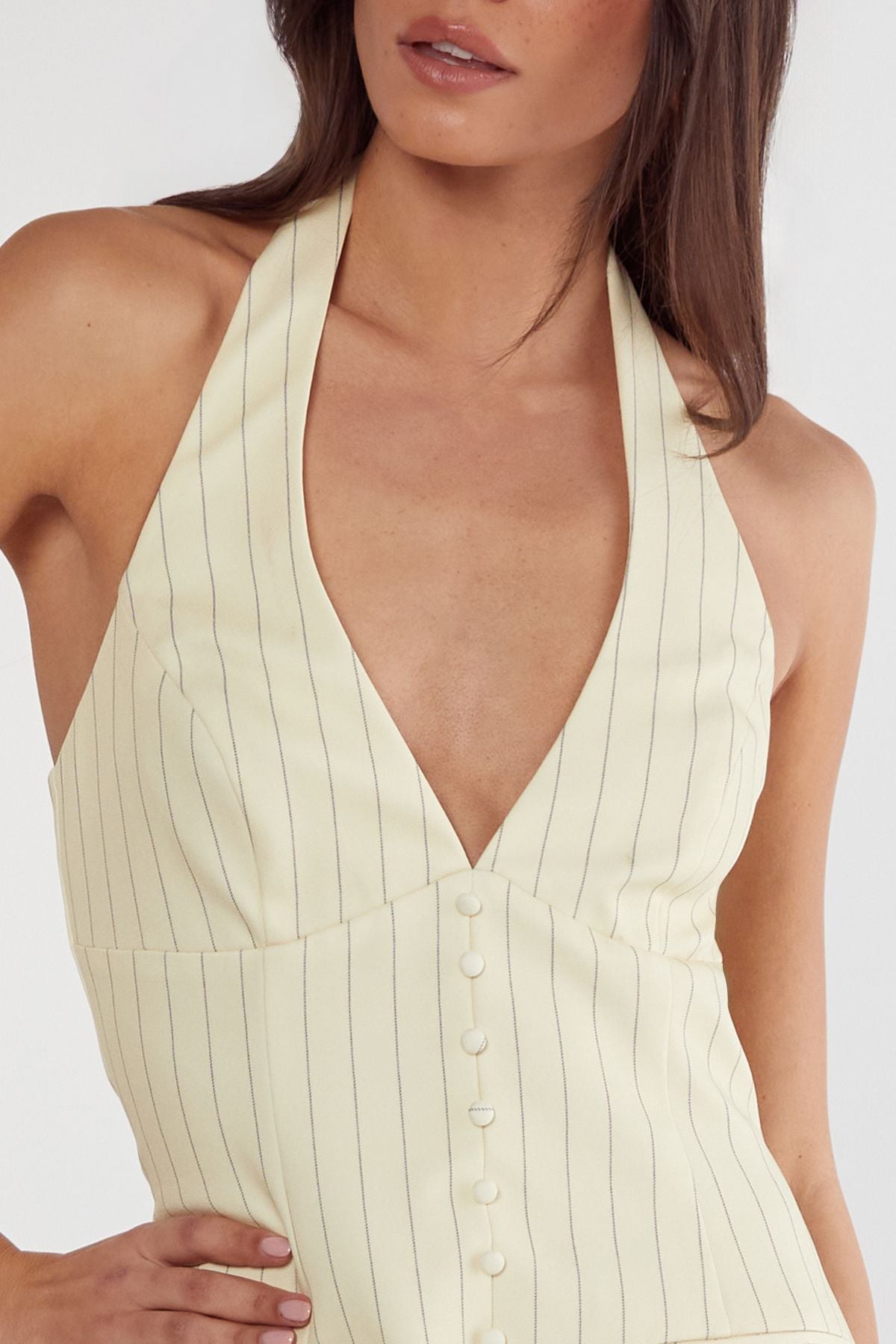 NastyGal Pinstripe Tailored Halter Waistcoat Dress Butter image 5