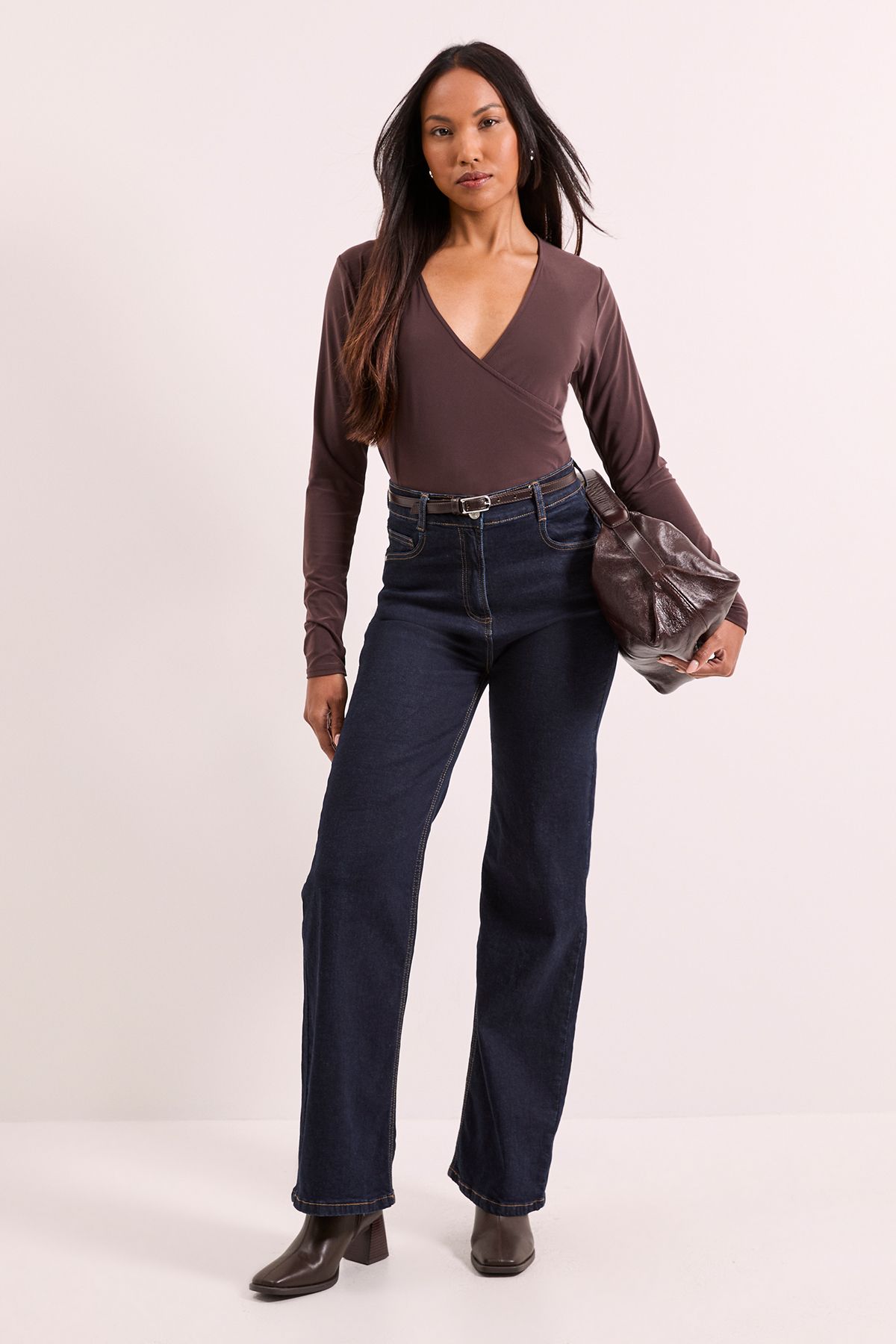 Principles Mocha Wrap Ruched Side Long Sleeve Jersey Top Mocha image 4