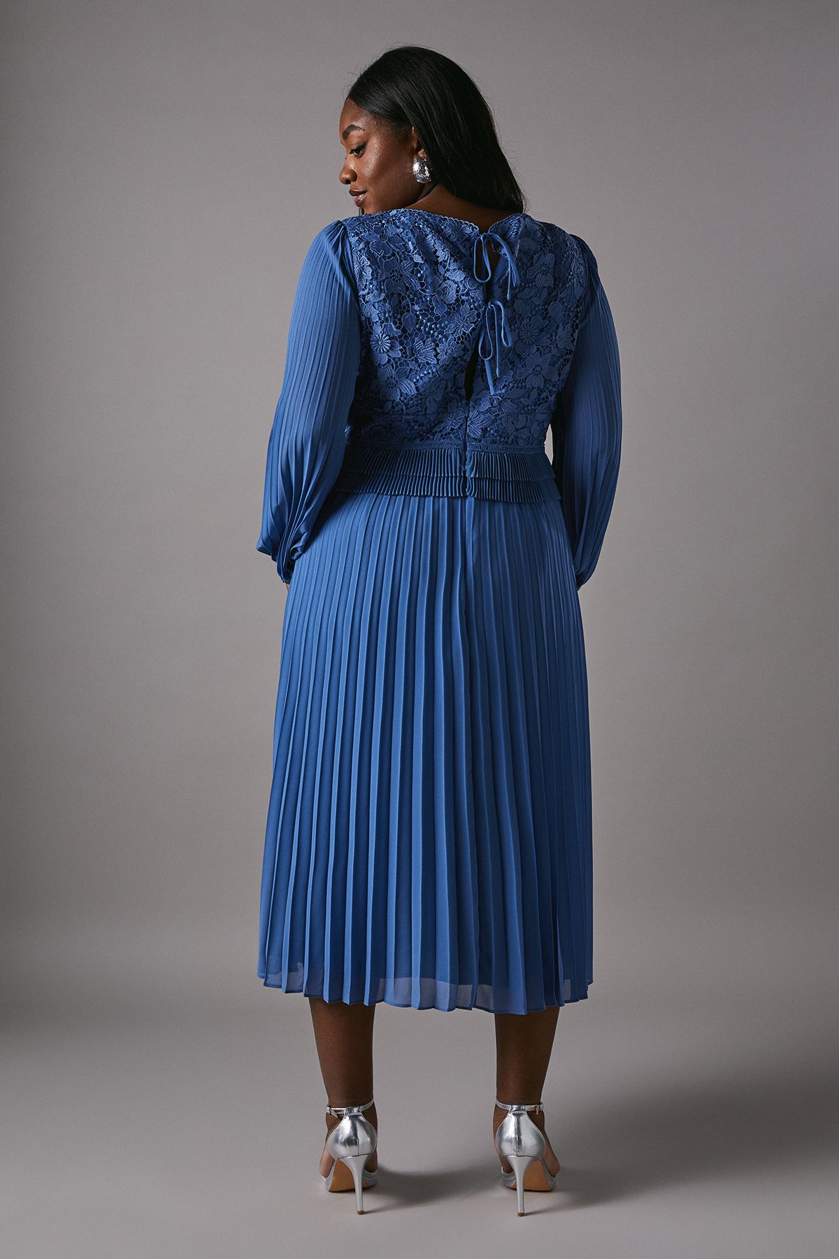 Coast Plus Lace Insert Long Sleeve Pleat Dress Blue image 4