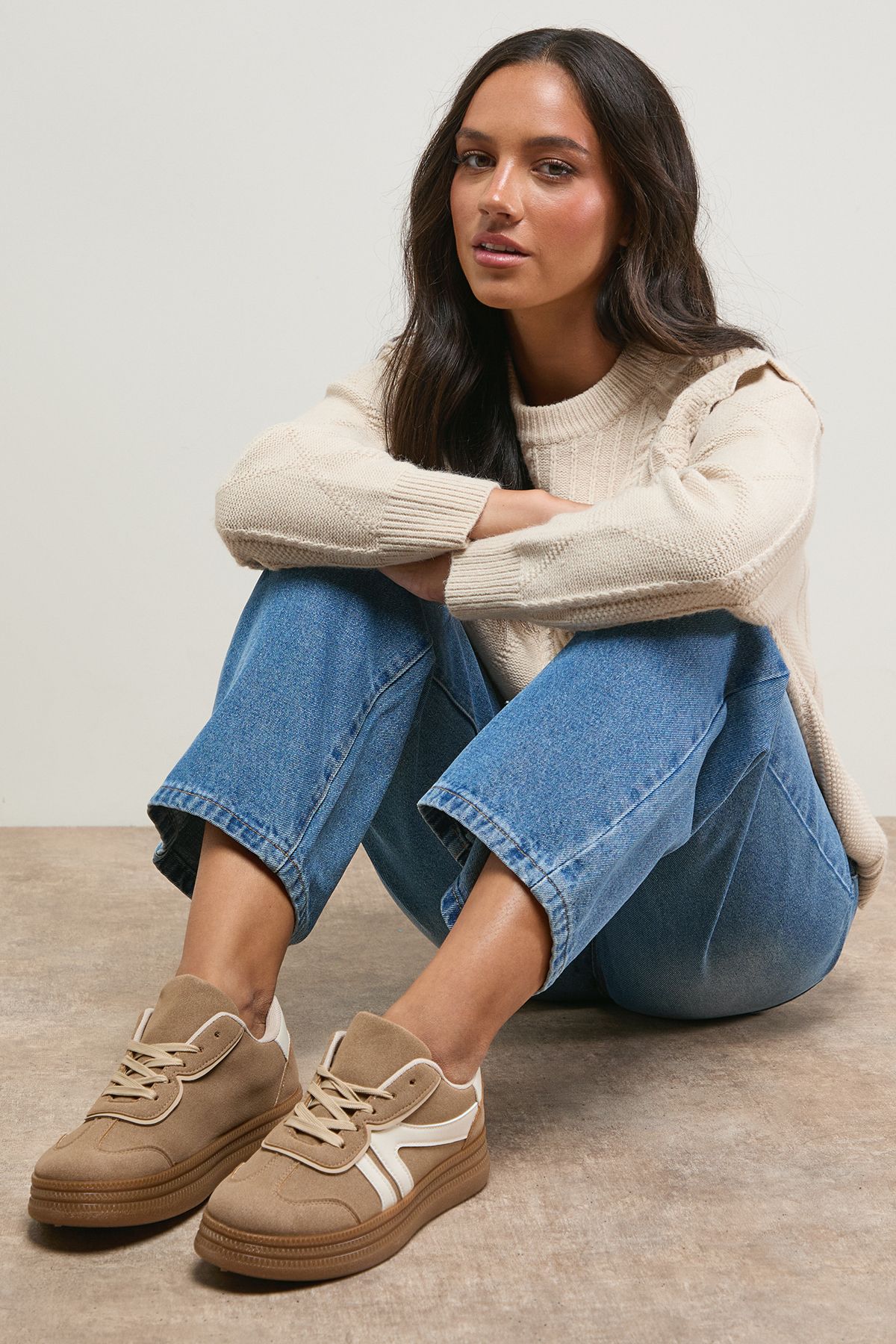 Oasis Faux Suede Lace Up Platform Trainners Beige image 2