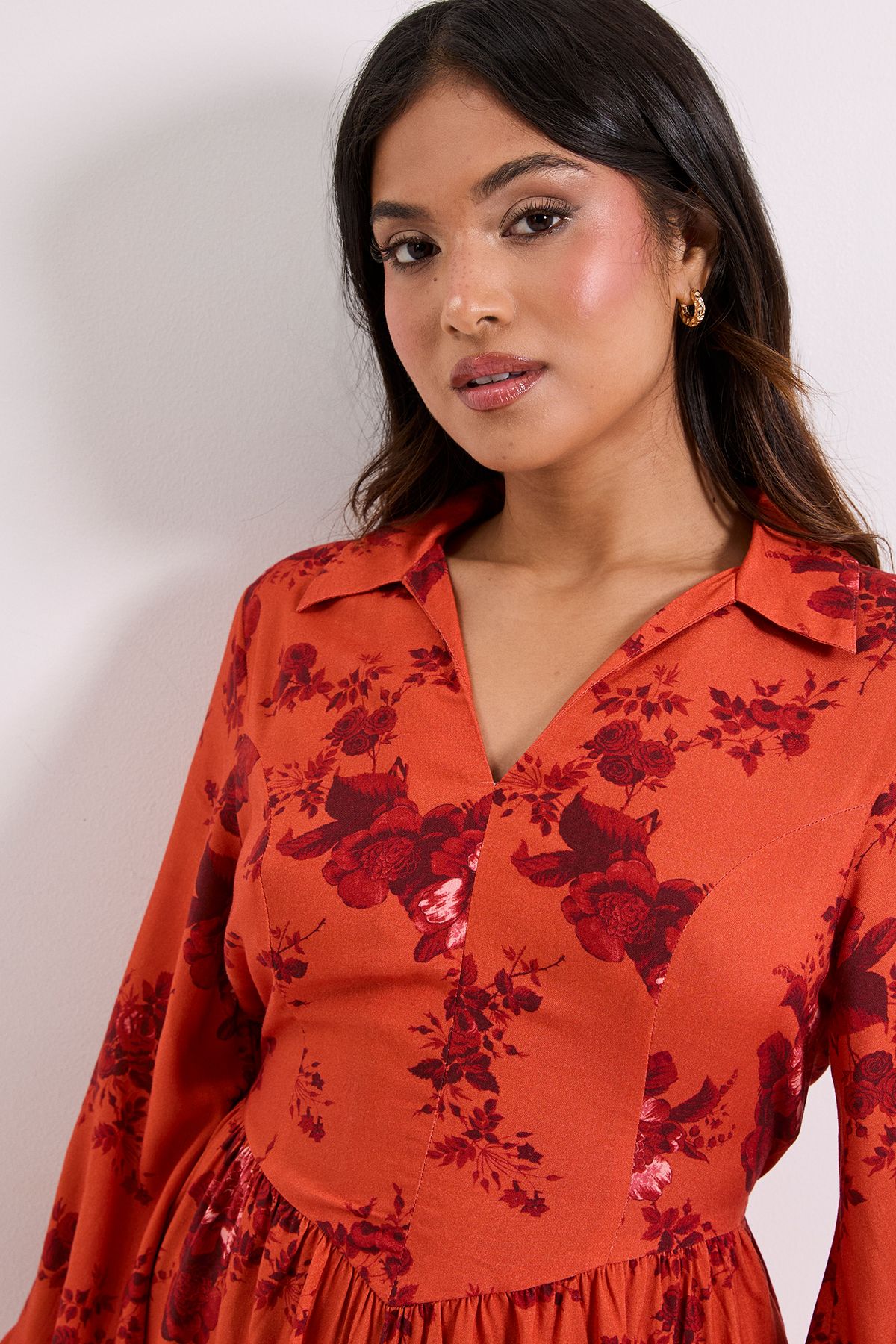 Dorothy Perkins Petite Seam Detail Collared Blouson Sleeve Printed Midi Dress Rust image 4