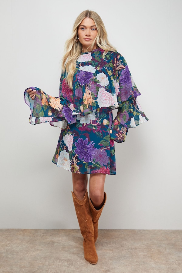 Oasis Ruffled Cape Sleeve Mini Dress Floral