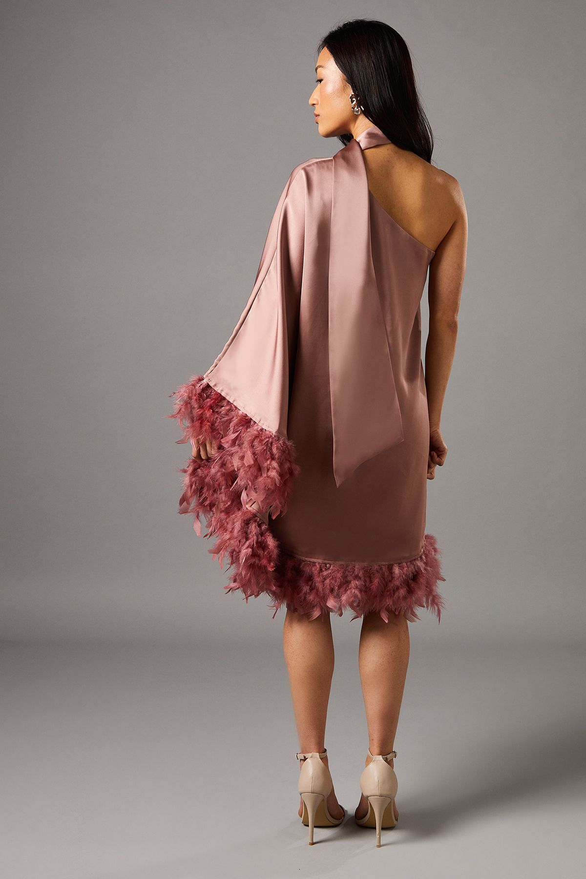 Coast One Shoulder Feather Trim Satin Mini Dress Pink image 3