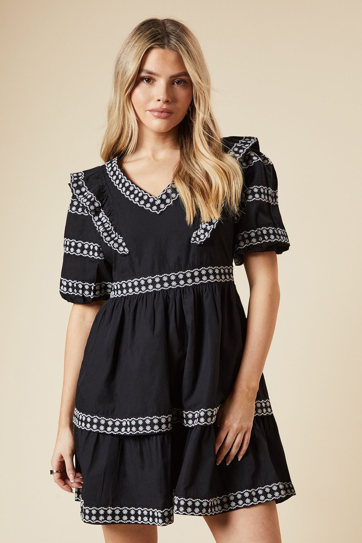 Dorothy Perkins Embroidered Trim Ruffle Shoulder Mini Dress Black image 2