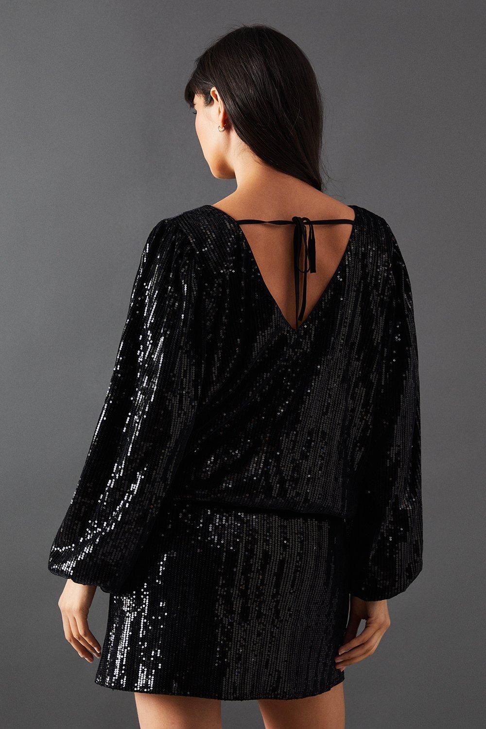 Warehouse Velvet Sequin Blouson Long Sleeve Mini Dress Black image 3