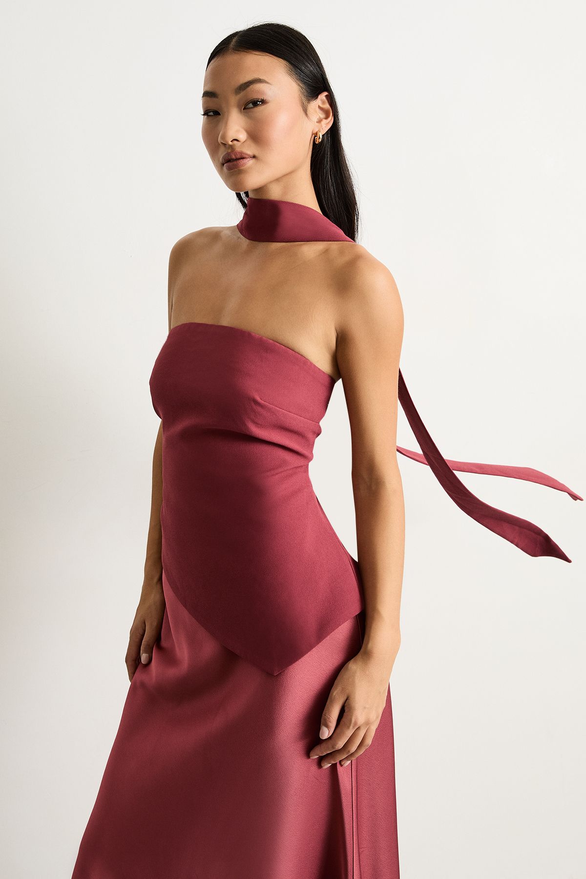 Warehouse Petite Strapless Structured Bodice Satin Midi Dress Rose