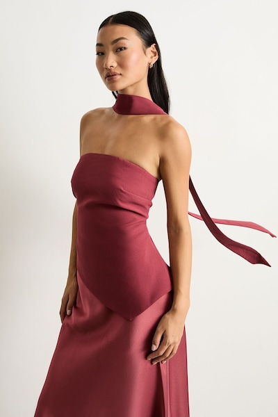 Warehouse Petite Strapless Structured Bodice Satin Midi Dress Rose
