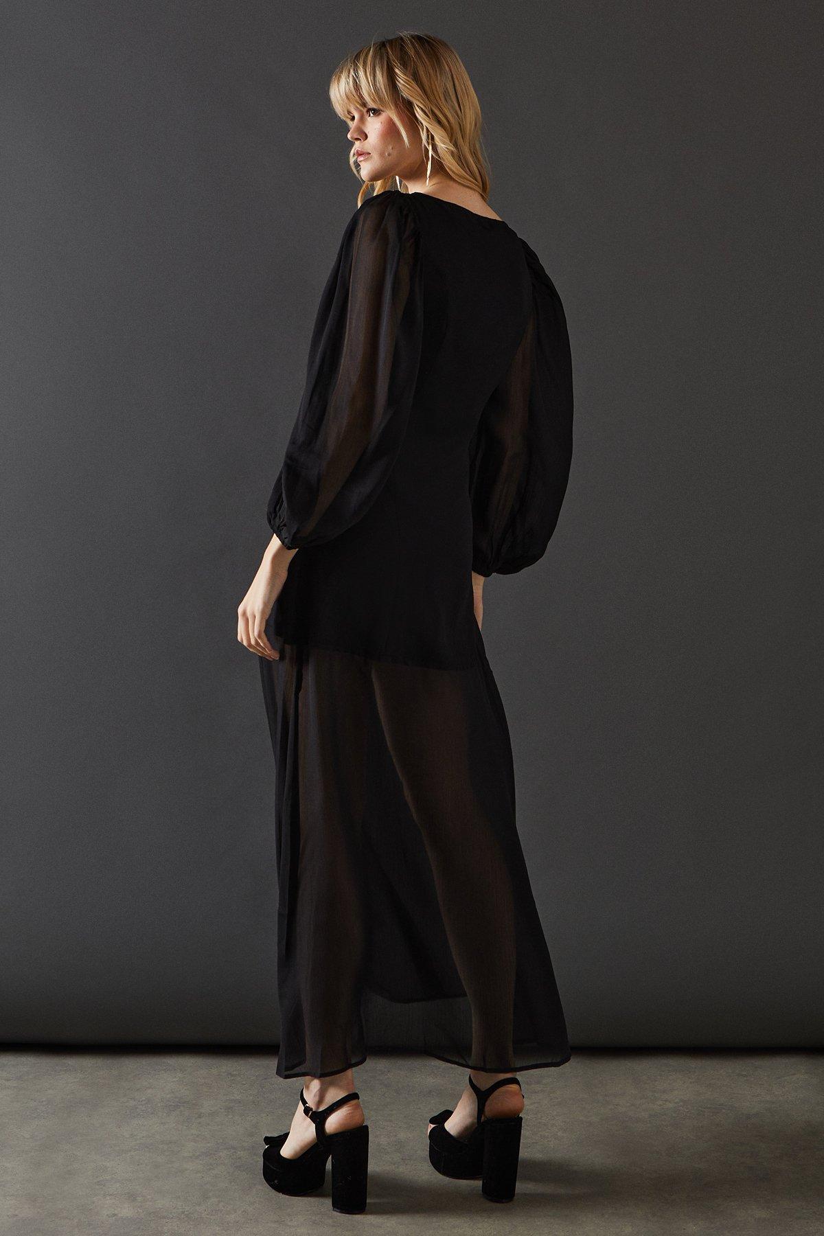 Warehouse Chiffon Long Sleeve Maxi Dress Black image 3