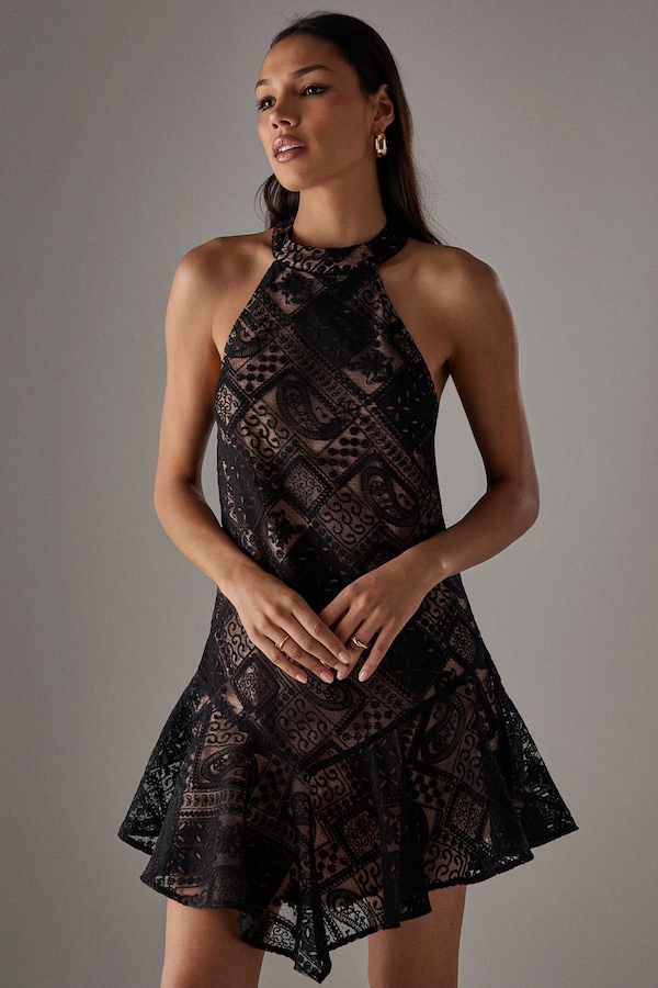 Warehouse Crochet Halter Mini Flippy Dress Black