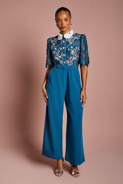 Coast Petite Lace Shirt Short Sleeve Jumpsuit Slate Blue