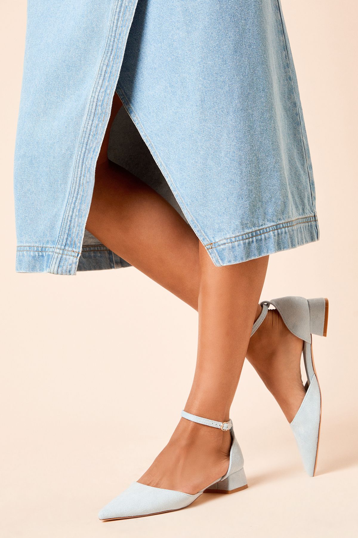 Dorothy Perkins Bennie Faux Suede Pointed Low Block Heel Court Shoes Light Blue image 1