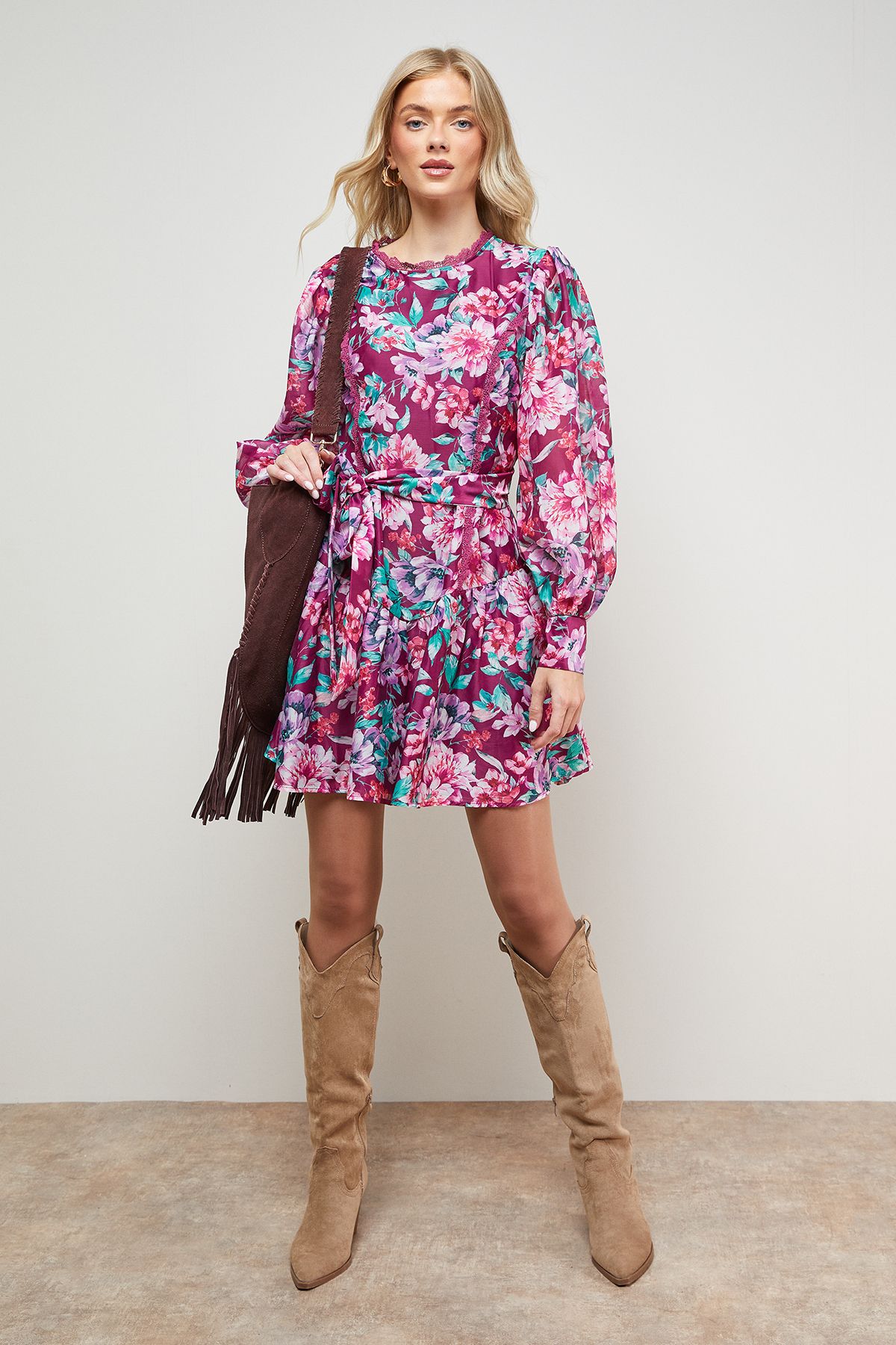 Oasis Flippy Hem Belted Mini Dress Floral image 1