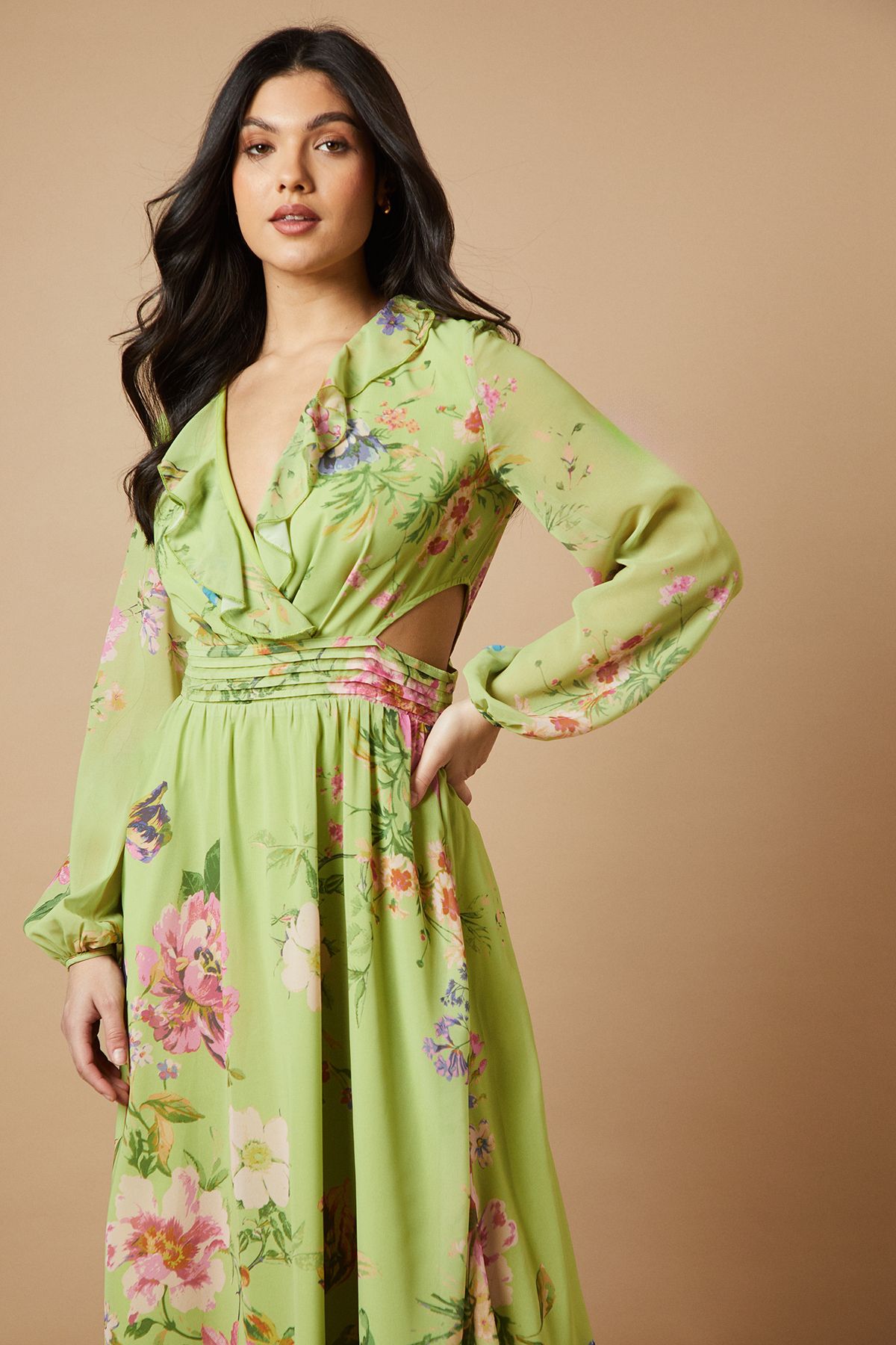 Oasis Printed Cut Out Long Sleeve Midi Dress Green image 4