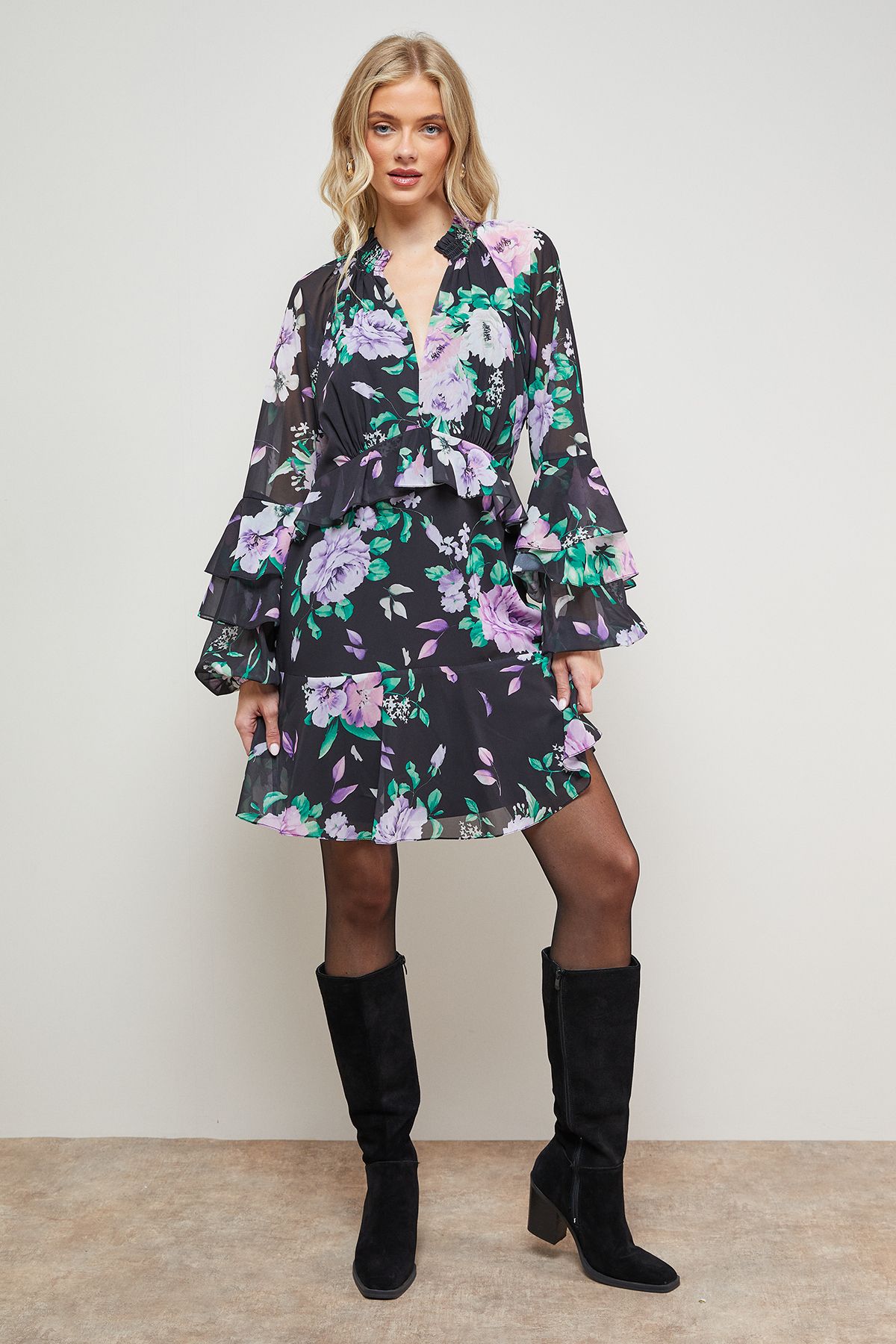 Oasis Printed Fluted Sleeve Ruffle Detail Mini Dress Black image 1